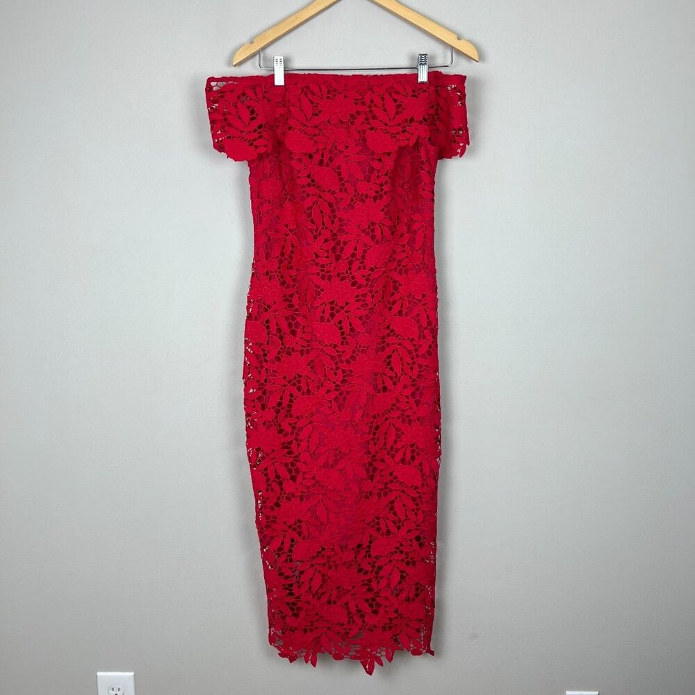 Anthropologie Shoshanna Dress Womens 8 Red Lace Sheath Off Shoulder Fitted Sexy